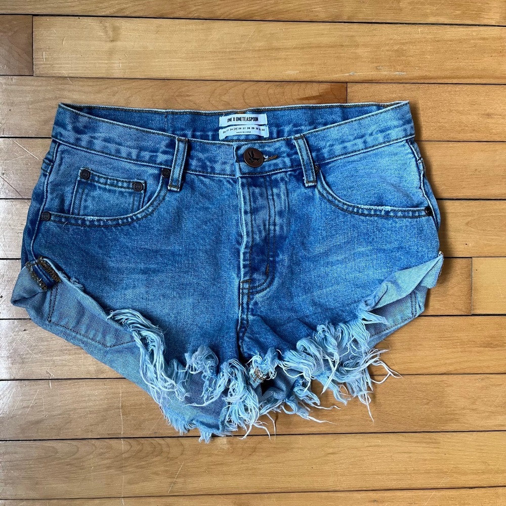 One Teaspoon Bandits Denim Shorts Blue Distressed Frayed Size 25 High Rise